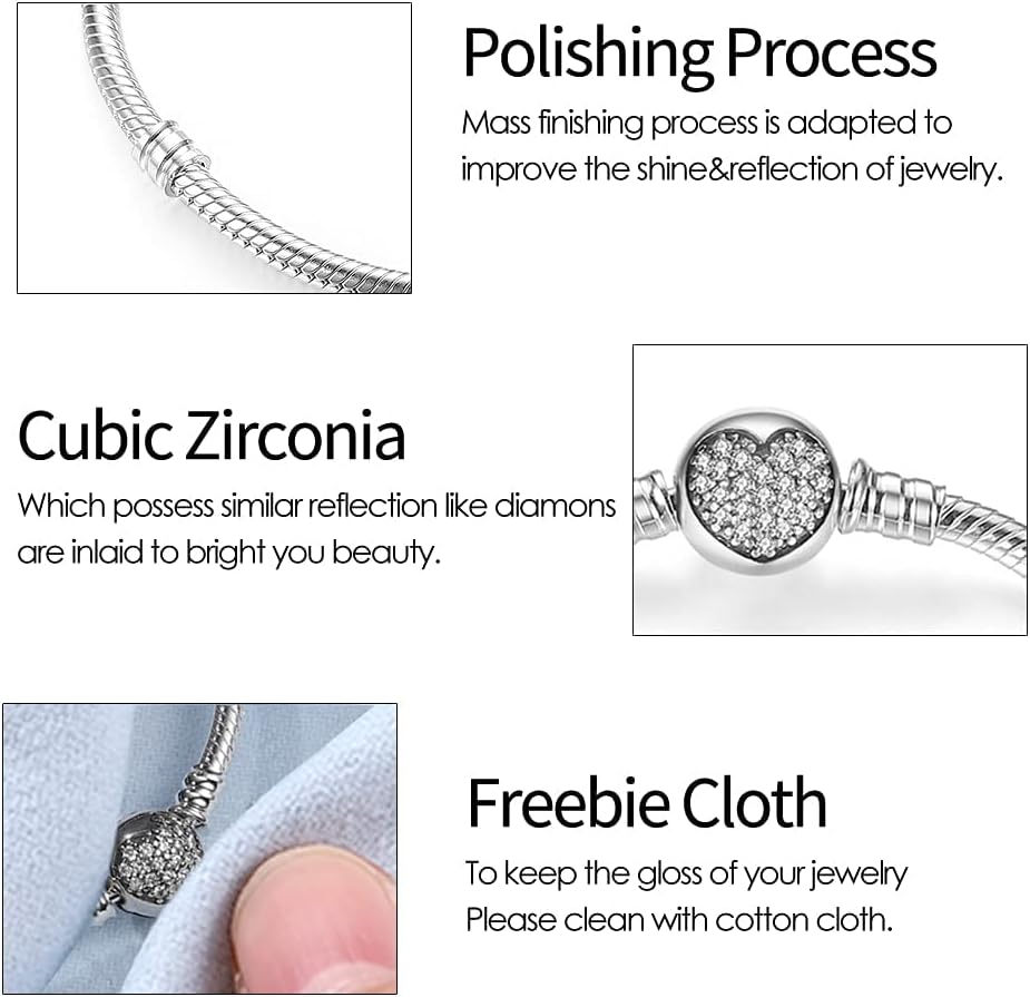 Snake Chain Charm Bracelets for Charm 925 Sterling Silver Jewelry Bracelet Fits Any Charm Gift for Women