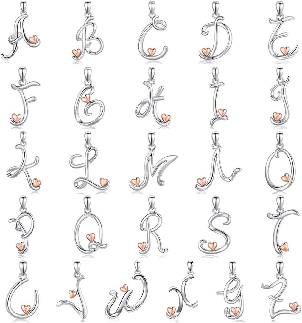 925 Sterling Silver Initial Necklaces 26 Letter with Rose Gold Heart - 18 Inch Chain