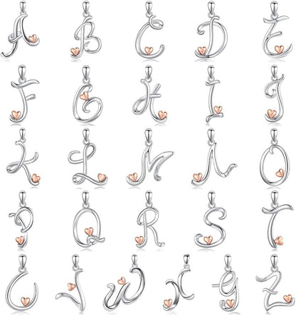 925 Sterling Silver Initial Necklaces 26 Letter with Rose Gold Heart - 18 Inch Chain