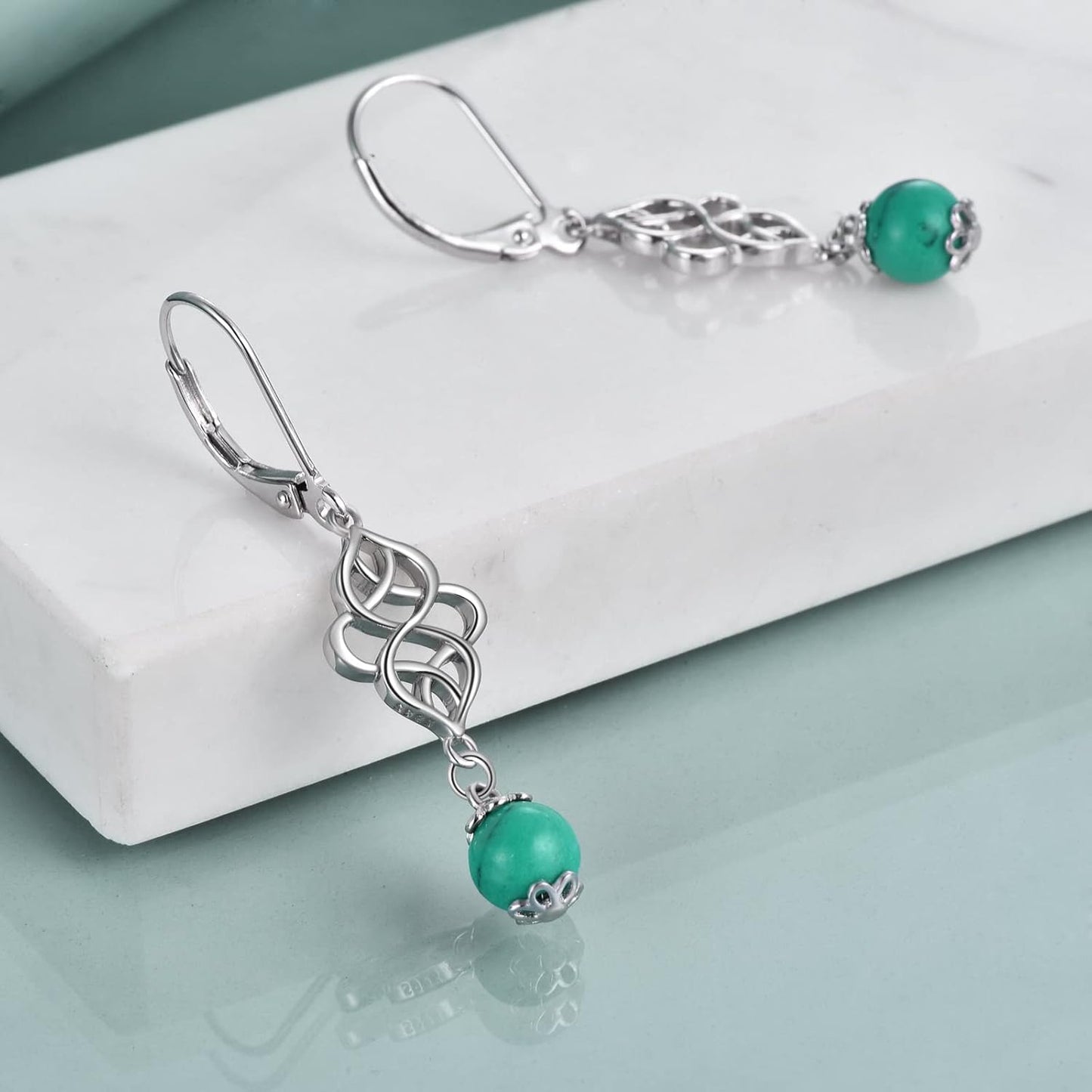 Celtic Turquoise Earrings Sterling Silver Celtic Knot Triquetra Leverback Dangle Drop Earring for Women Jewelry