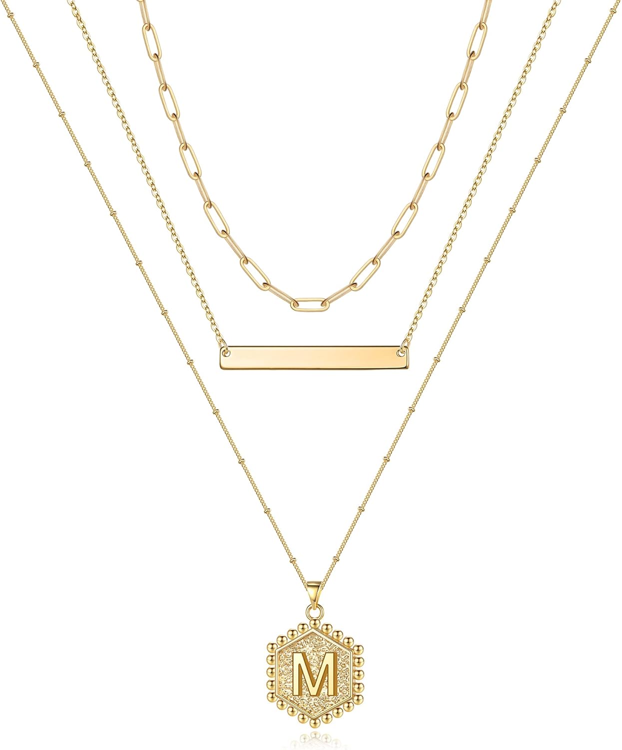 Gold Layered Initial Necklaces for Women, 14K Gold Plated Bar Necklace Handmade Layering Hexagon Letter Pendant Beads Chain Necklace Layered Necklaces for Women Gold Jewelry Gifts