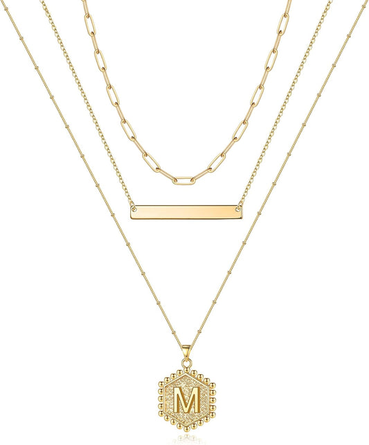 Gold Layered Initial Necklaces for Women, 14K Gold Plated Bar Necklace Handmade Layering Hexagon Letter Pendant Beads Chain Necklace Layered Necklaces for Women Gold Jewelry Gifts