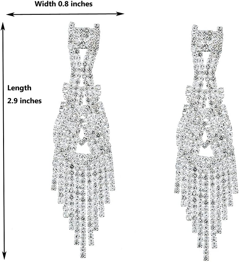 Silver Teardrop Crystal Long Tassels Dangle Earrings Sparkling Rhinestone Ladies Gifts