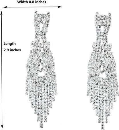 Silver Teardrop Crystal Long Tassels Dangle Earrings Sparkling Rhinestone Ladies Gifts