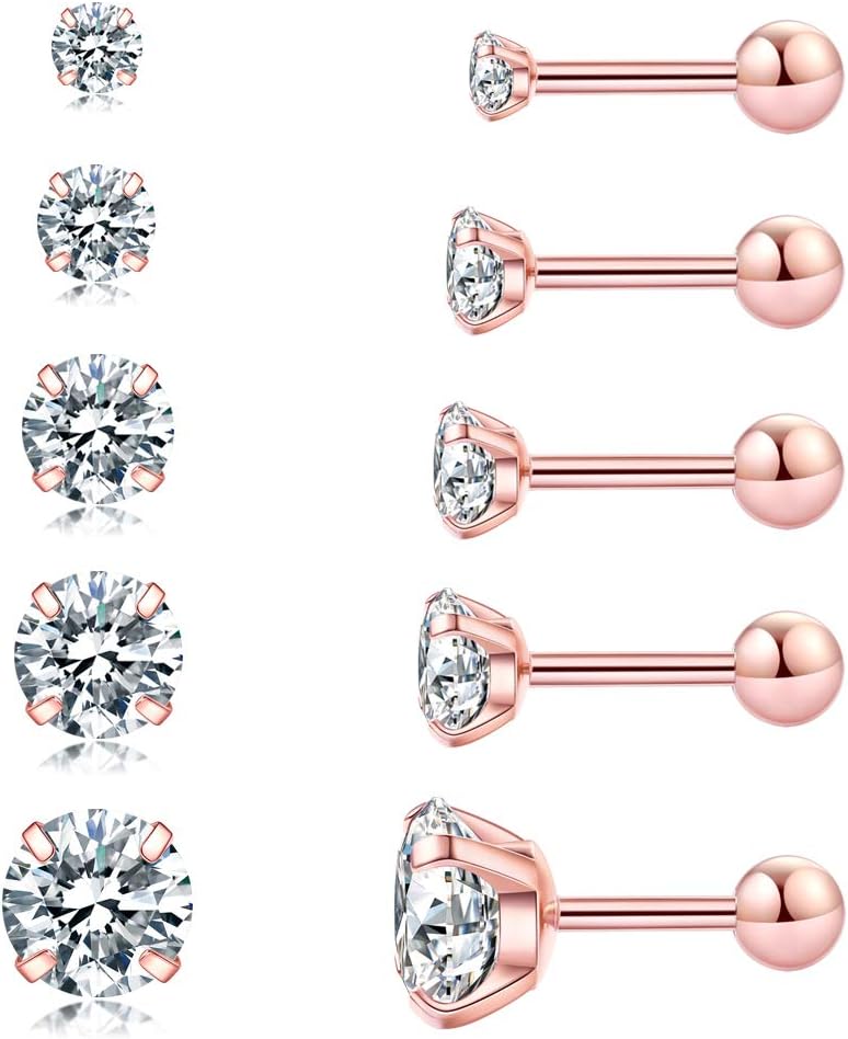 5 Pairs Hypoallergenic Cubic Zirconia Earrings Surgical Steel Flat Back Studs for Cartilage, Screw Back Fashion Jewelry 3-8Mm