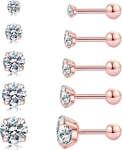 5 Pairs Hypoallergenic Cubic Zirconia Earrings Surgical Steel Flat Back Studs for Cartilage, Screw Back Fashion Jewelry 3-8Mm