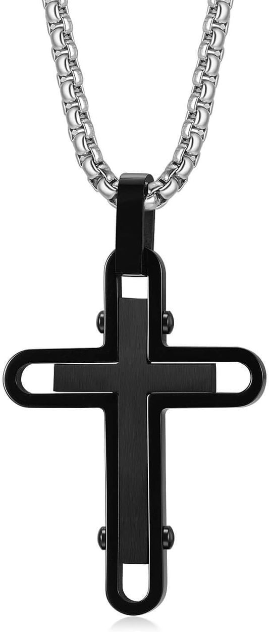 Men'S Cross Necklace 316L Stainless Steel Pendant White/Gold/Black/Blue Rolo Chain-Gift Box Included