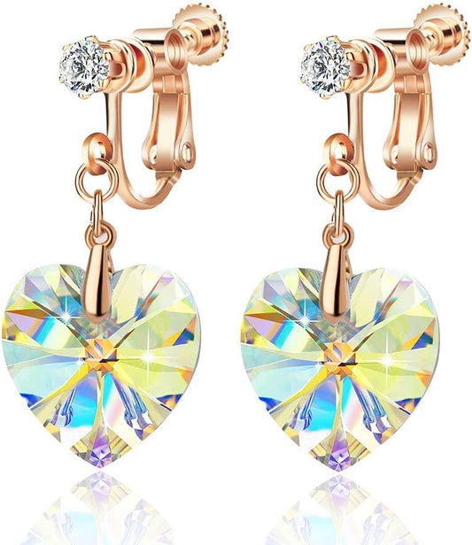 Austrian Crystal Heart Drop Clip on Dangle Earrings for Women Non Pierced 14K Rose Gold Plated Hypoallergenic Jewelry