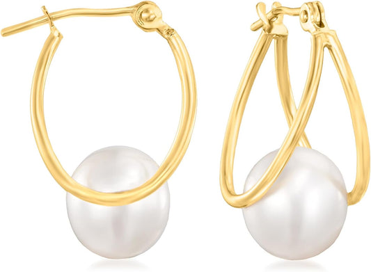 8-9Mm Cultured Pearl Double-Hoop Earrings in 14Kt Yellow Gold. 3/4