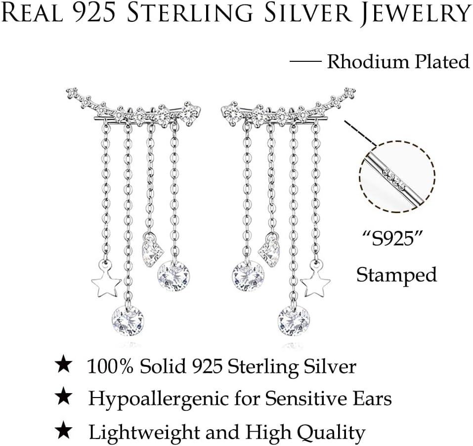 Solid 925 Sterling Silver Crawler Earrings Tassel Chain Dangle for Women Teens 7 Crystal Cuff Earrings Climber