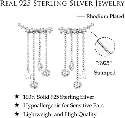 Solid 925 Sterling Silver Crawler Earrings Tassel Chain Dangle for Women Teens 7 Crystal Cuff Earrings Climber