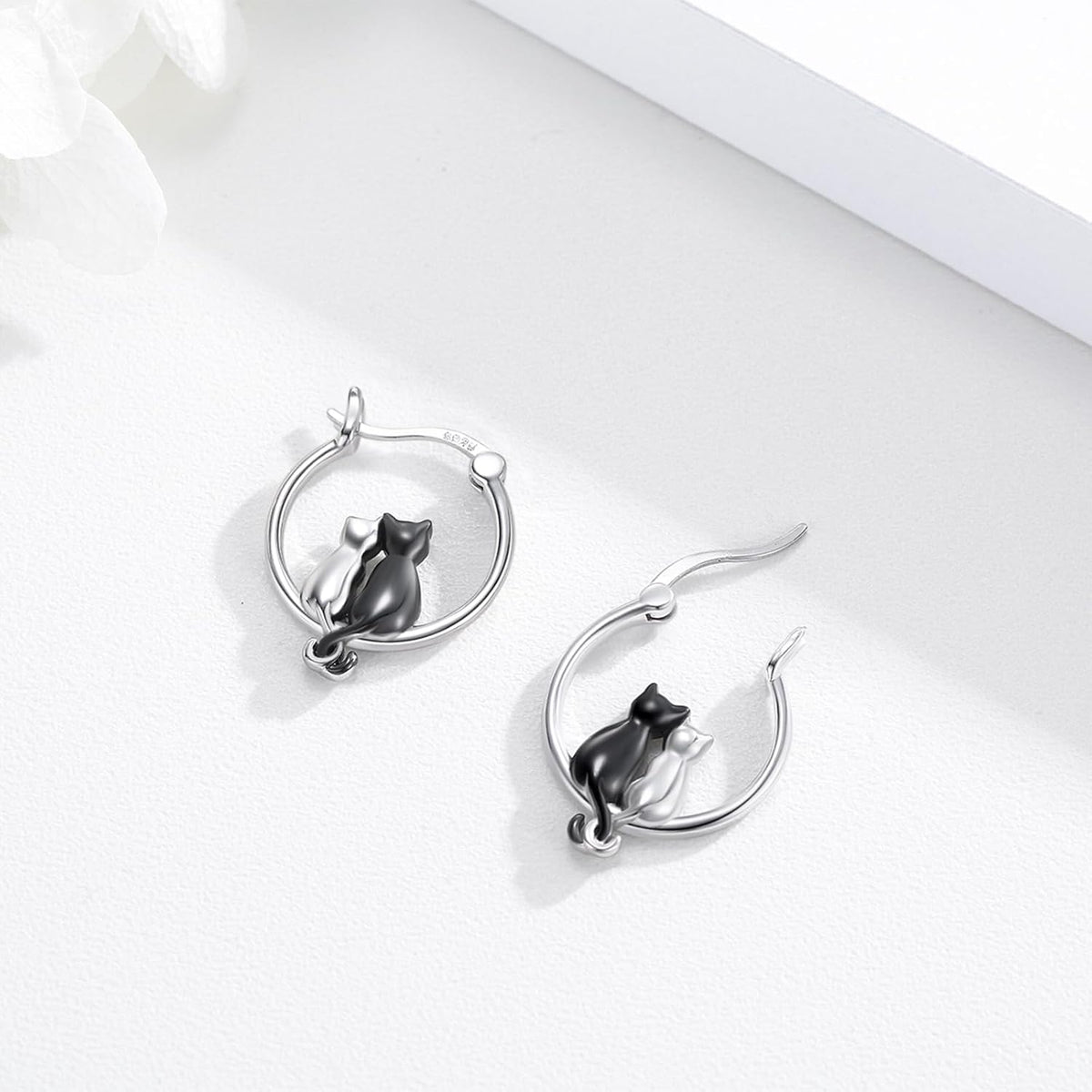 925 Sterling Silver Double Cat Huggie Hoop Earrings