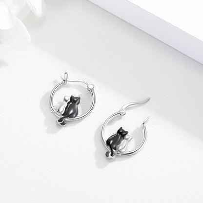 925 Sterling Silver Double Cat Huggie Hoop Earrings