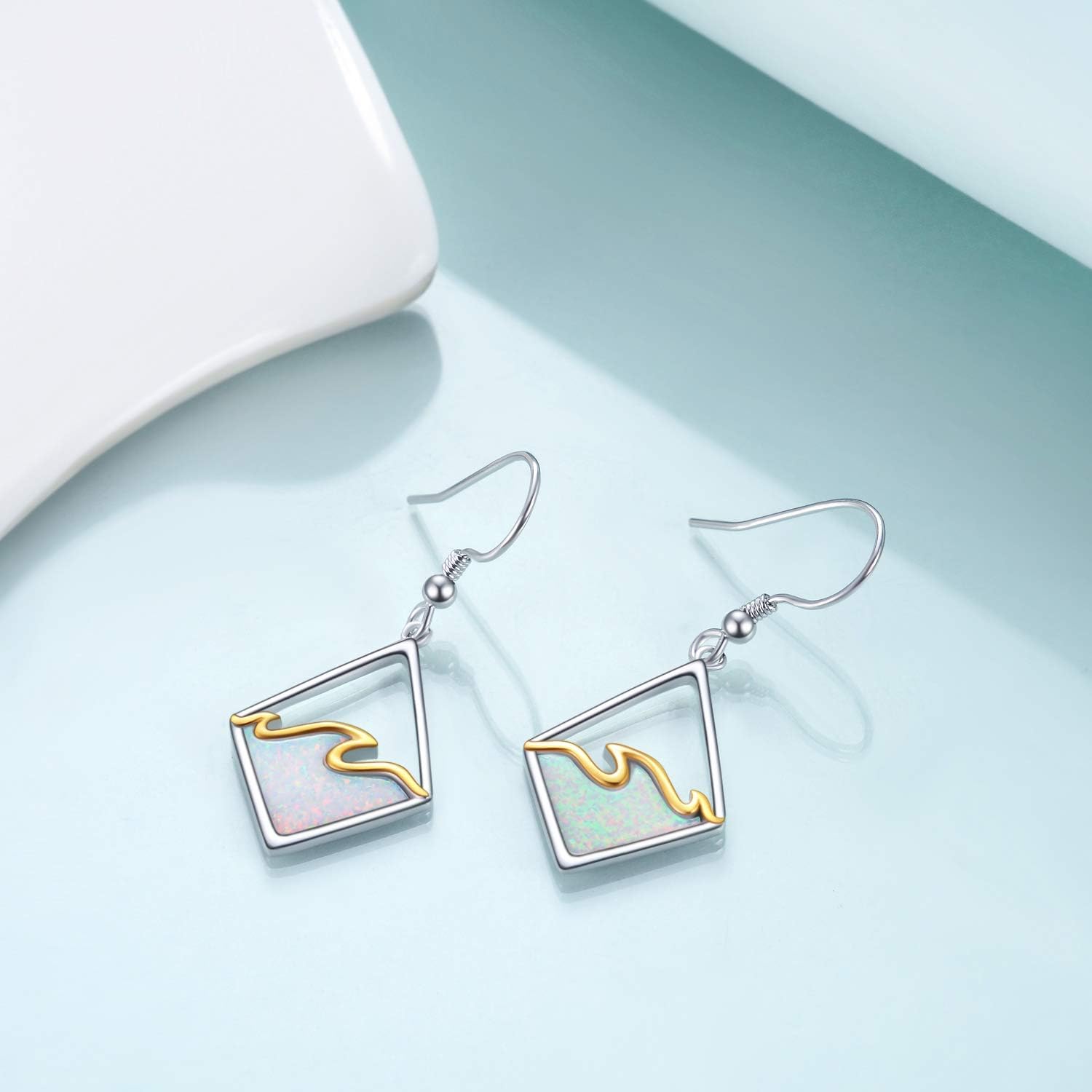 Sterling Silver Ocean Wave Earrings Created Opal Dangle Drop Earring Ocean Jewelry Beach Gifts for Women