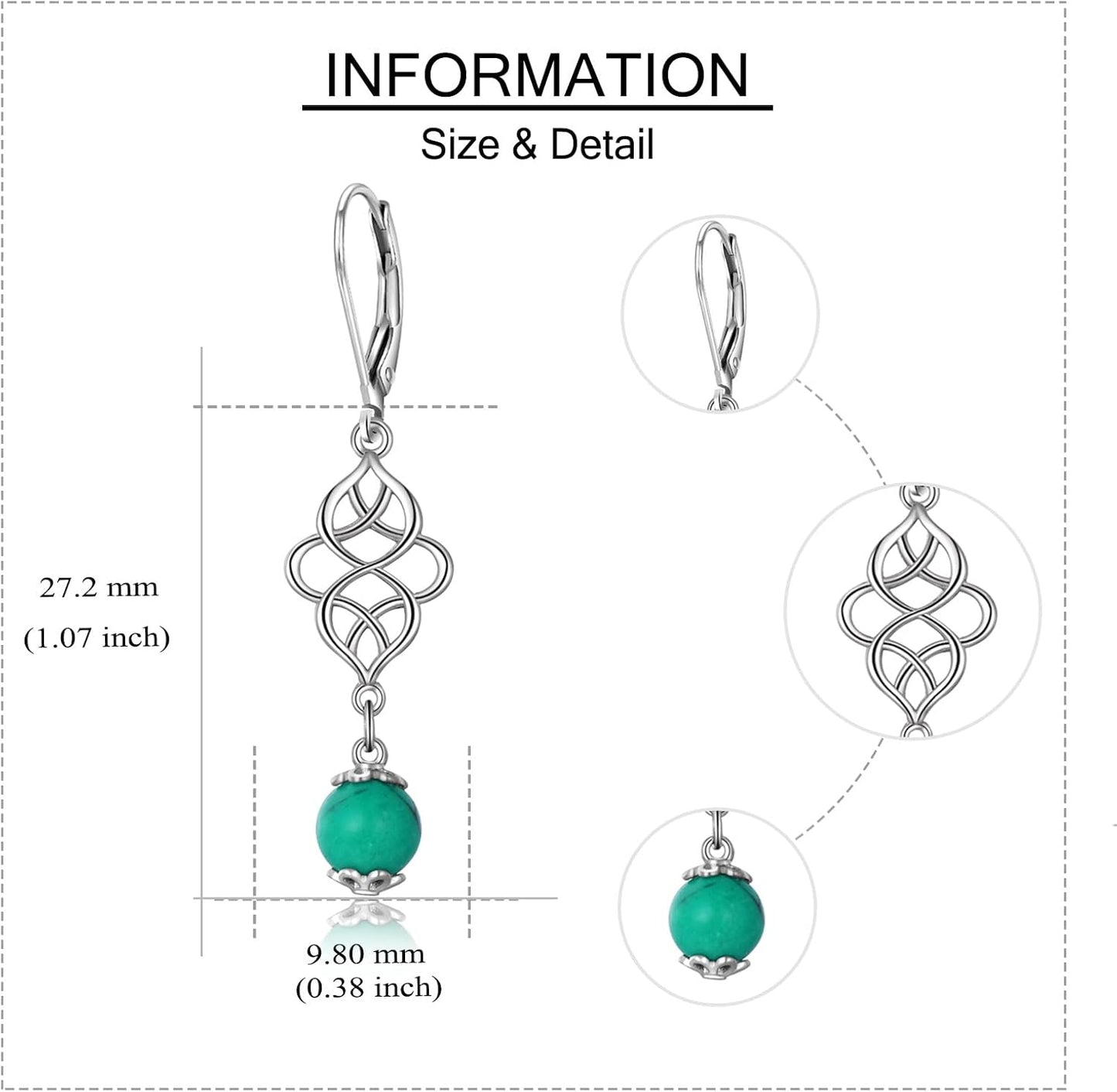 Celtic Turquoise Earrings Sterling Silver Celtic Knot Triquetra Leverback Dangle Drop Earring for Women Jewelry