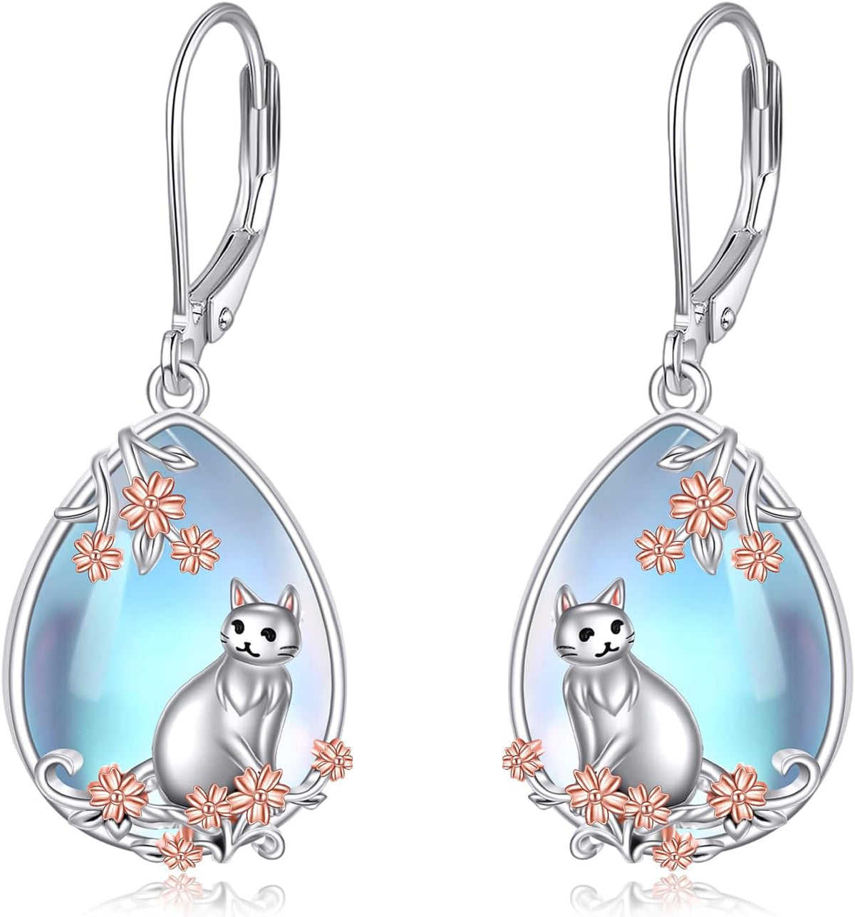 Cat/Hummingbird Earrings for Women 925 Sterling Silver Moonstone Dangle Earrings Animal Drop Earring Jewelry Christmas Gifts