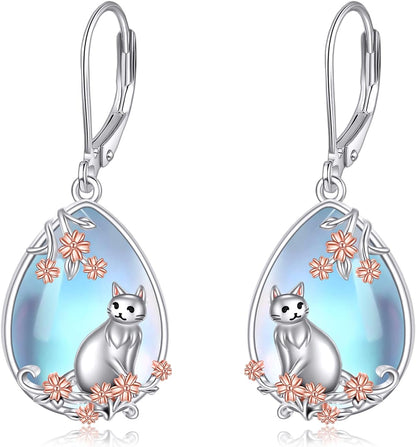 Cat/Hummingbird Earrings for Women 925 Sterling Silver Moonstone Dangle Earrings Animal Drop Earring Jewelry Christmas Gifts