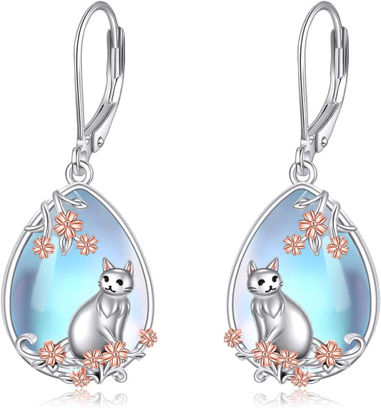 Cat/Hummingbird Earrings for Women 925 Sterling Silver Moonstone Dangle Earrings Animal Drop Earring Jewelry Christmas Gifts
