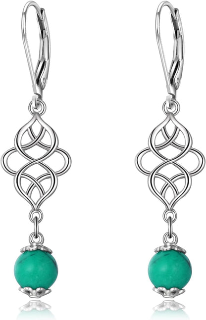 Celtic Turquoise Earrings Sterling Silver Celtic Knot Triquetra Leverback Dangle Drop Earring for Women Jewelry