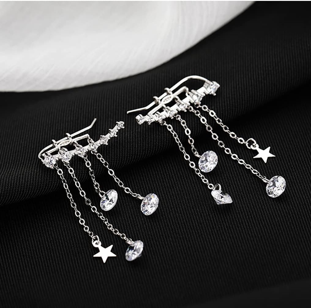 Solid 925 Sterling Silver Crawler Earrings Tassel Chain Dangle for Women Teens 7 Crystal Cuff Earrings Climber