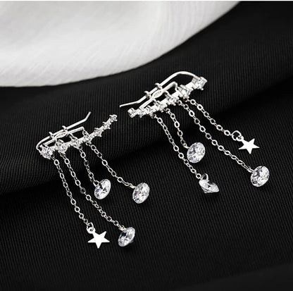 Solid 925 Sterling Silver Crawler Earrings Tassel Chain Dangle for Women Teens 7 Crystal Cuff Earrings Climber