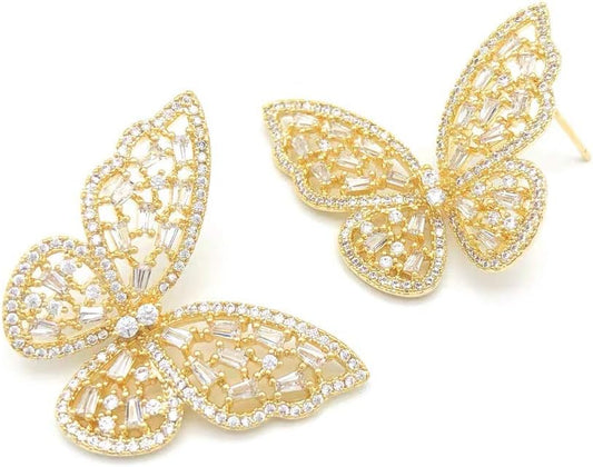 Silver Rhinestone Butterfly Earrings for Women Girls Gold Butterfly Earring Crystal CZ Cubic Zirconia Sterling Silver Cute Bow Stud for Mother Wife Lover Valentine'S Day Gift Jewelry Prom Wedding Brides