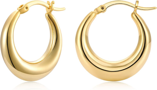 Chunky Gold Hoop Earrings for Women 14K Gold Plated Stainless Steel Thick Hoop Earrings Dainty Cute Hypoallergenic Earrings Minimalist Jewelry
