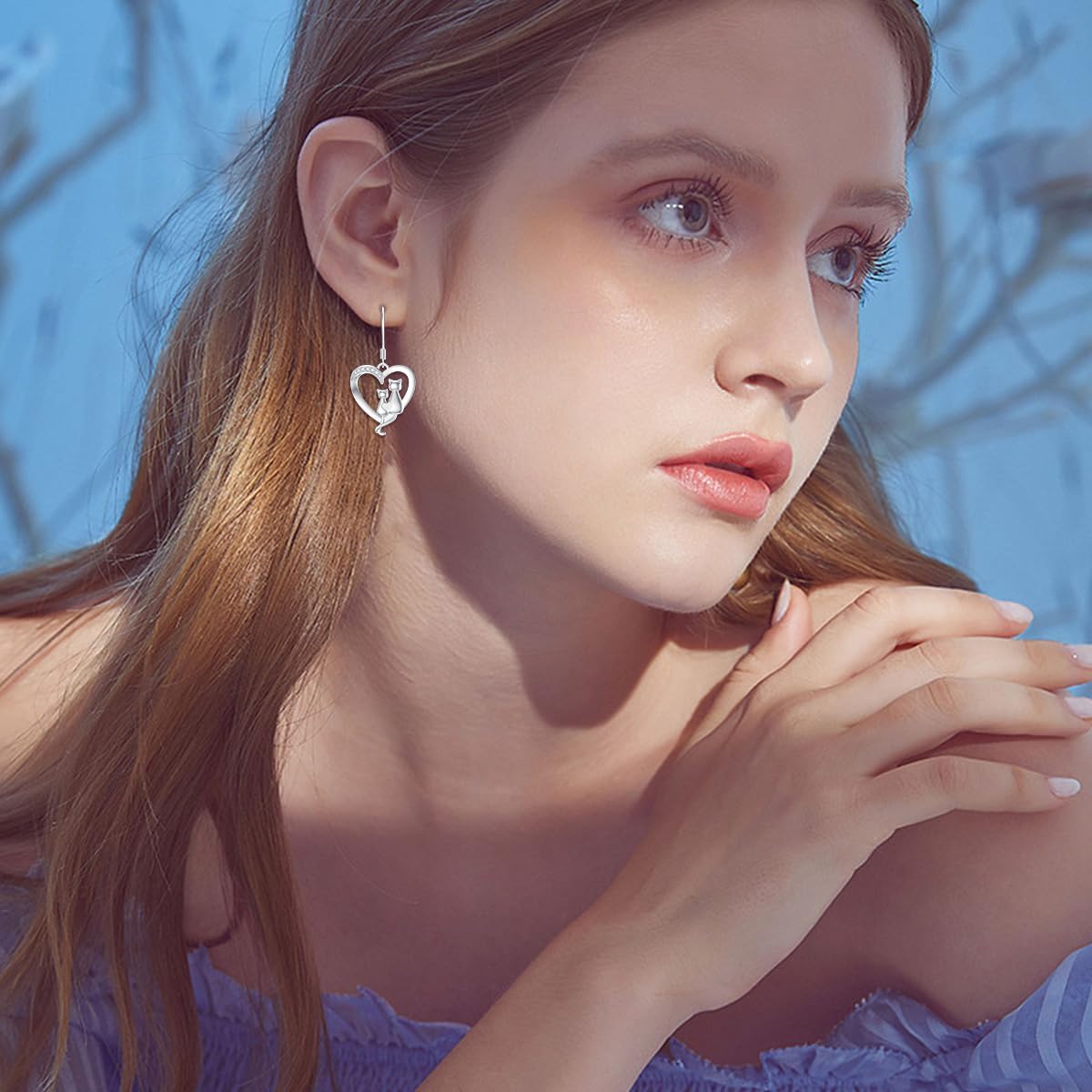 Diamond Cat Heart Drop Earrings – 925 Sterling Silver, 0.05 CT