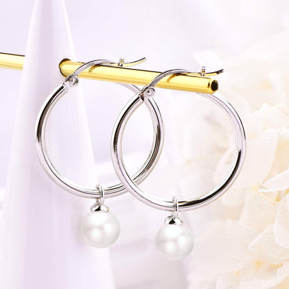 925 Sterling Silver Hoop Earrings with Simulated Danlge Pearl(White/Black)