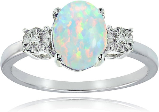 Sterling Silver Created White Opal and Oval Ring