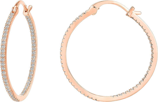 14K Gold Plated 925 Sterling Silver Post Cubic Zirconia Hoop Earrings 30/15Mm