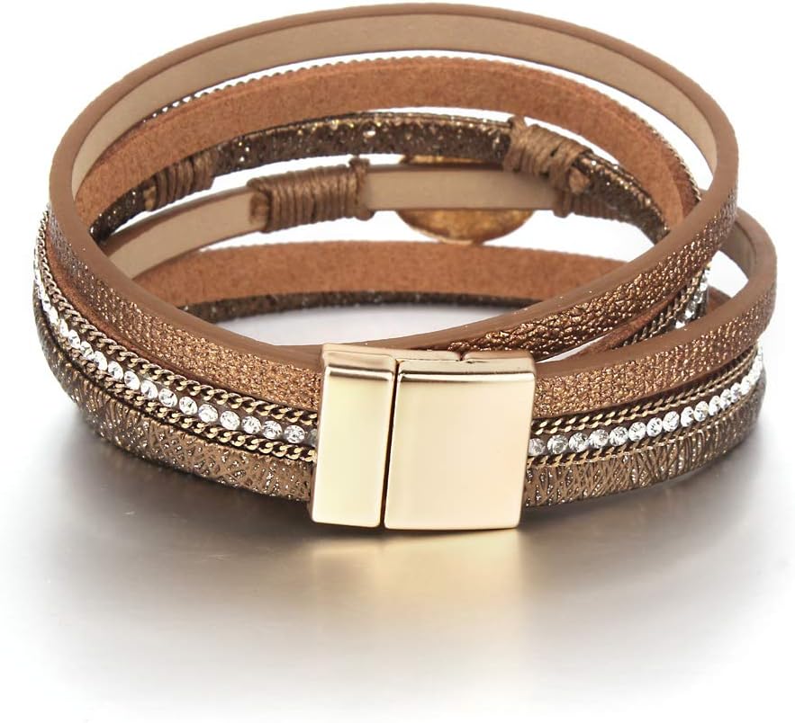 Leather Wrap Bracelet Boho Cuff Bangle Bracelets Crystal Bead Bracelet with Magnetic Clasp Jewelry Gifts for Women