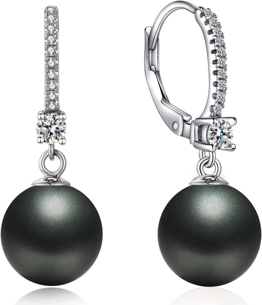 Pearl Dangle Earrings 925 Sterling Silver Pearl Earrings for Women 10Mm White/Black Pearls