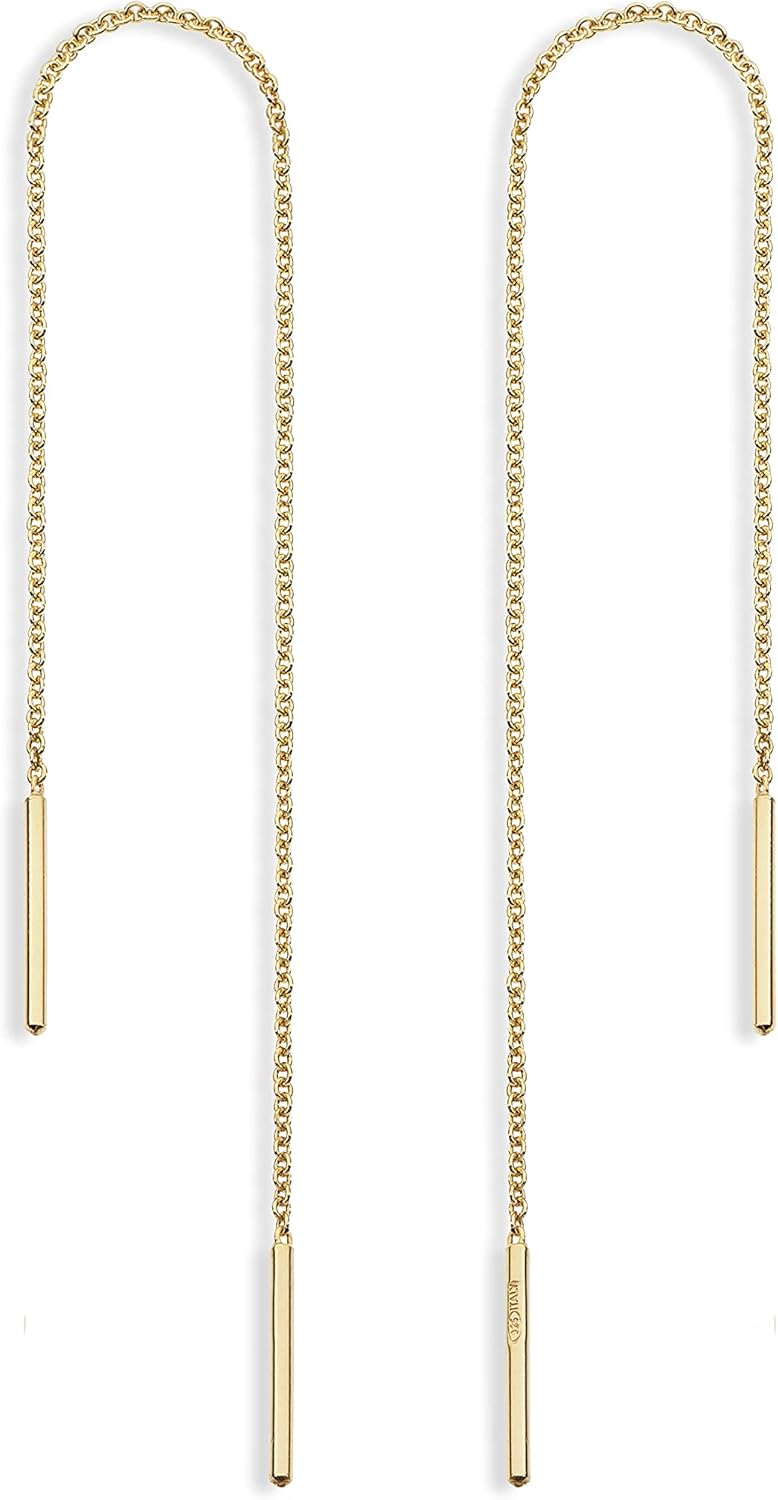 925 Sterling Silver or 18K Yellow Gold Plated Bar Drop Threader Chain Earrings for Women Made in Italy
