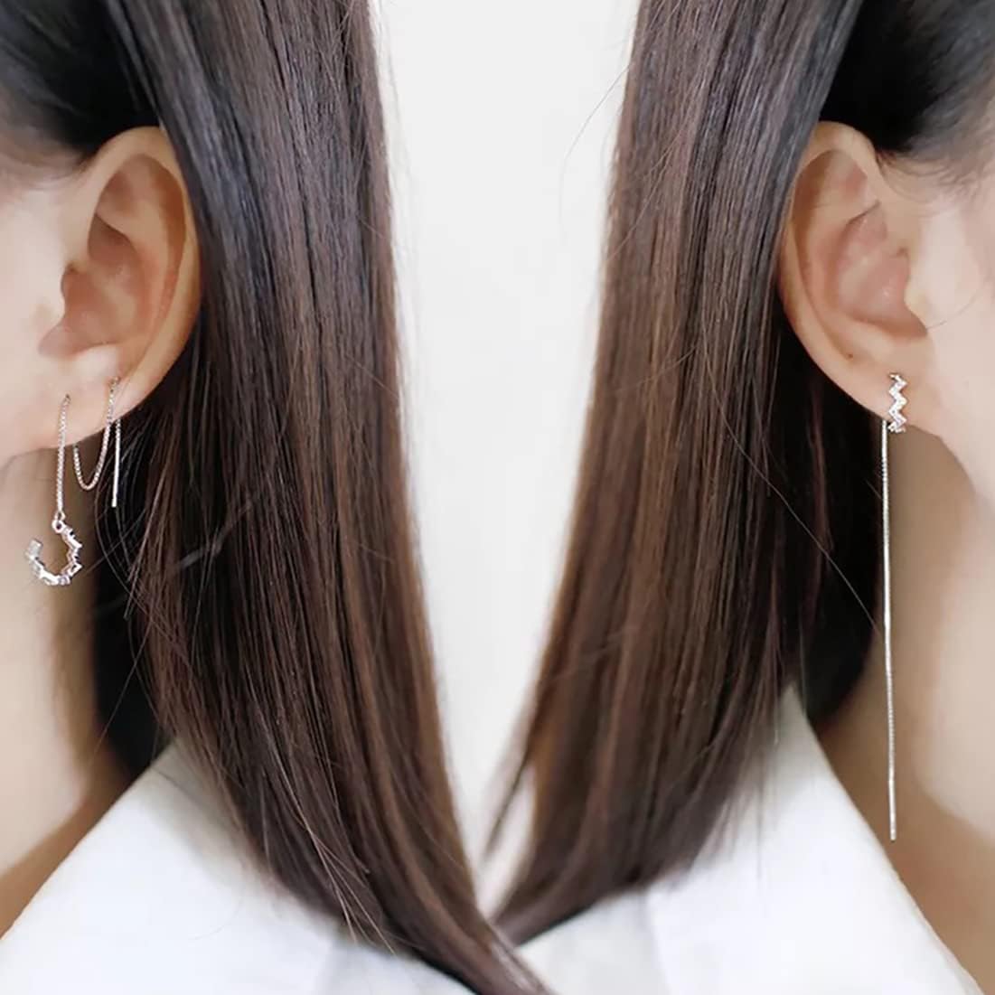 925 Sterling Silver Wave Cuff Earrings Wrap Tassel Earrings for Women Dangle Earrings Threader Chain