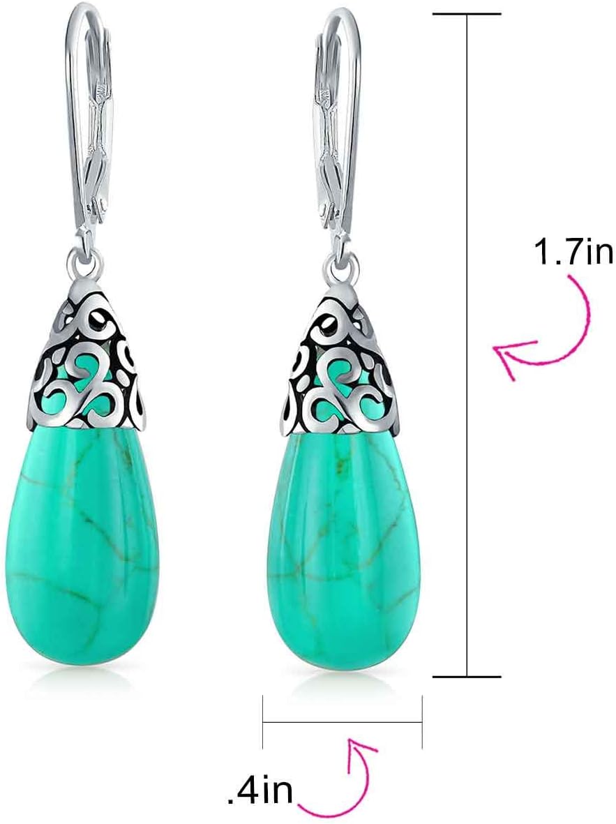 Boho Western Style Green Blue Black Purple Gemstone Long Elongated Teardrop Filigree Lever Back Dangle Earrings for Women .925 Sterling Silver More Birthstones