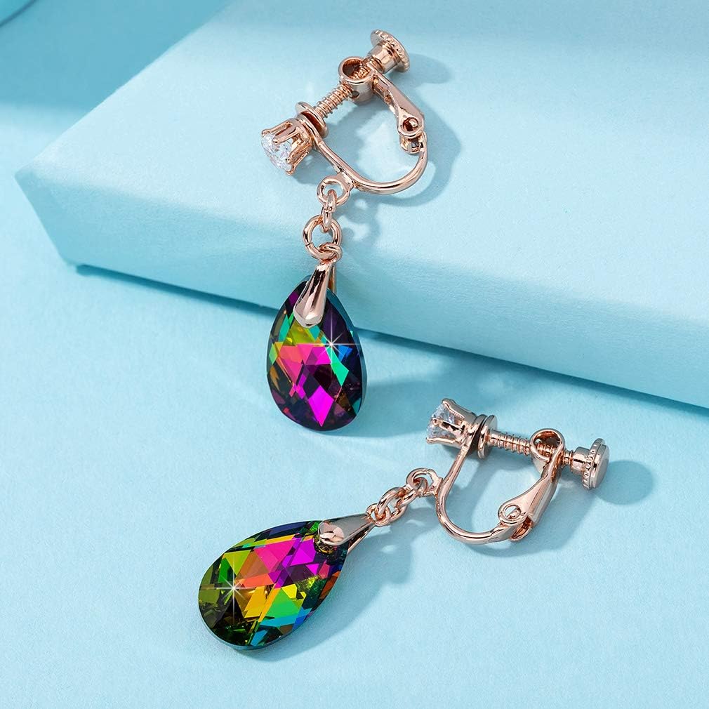 Teardrop Austrian Crystal Drop Clip on Dangle Earrings for Women Non Pierced 14K Rose Gold Plated Hypoallergenic Jewelry