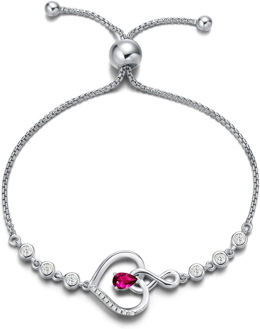 Heart Birthstone Bracelets for Women Sterling Silver Genuine or Created Gemstone Tennis Bracelet Infinity Love Jewelry Anniversary Birthday Gifts for Wife Mom Women