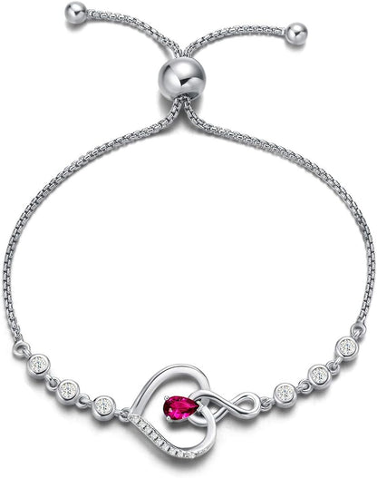 Heart Birthstone Bracelets for Women Sterling Silver Genuine or Created Gemstone Tennis Bracelet Infinity Love Jewelry Anniversary Birthday Gifts for Wife Mom Women
