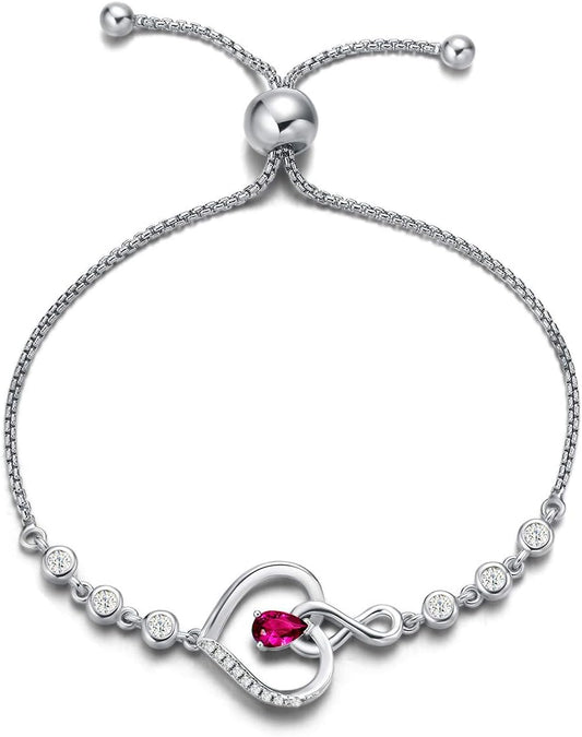 Heart Birthstone Bracelets for Women Sterling Silver Genuine or Created Gemstone Tennis Bracelet Infinity Love Jewelry Anniversary Birthday Gifts for Wife Mom Women