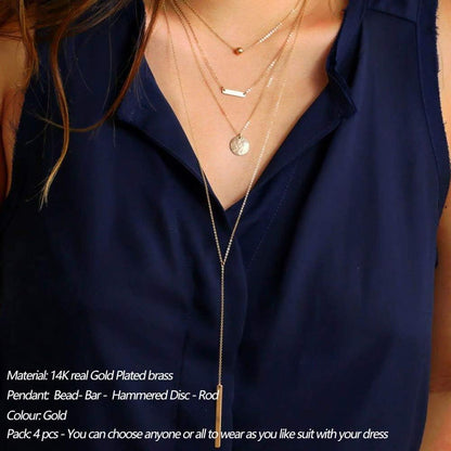 Dainty Layered Choker Necklace, Handmade 14K Gold Plated Y Pendant Necklace Multilayer Bar Disc Necklace Adjustable Layering Choker Necklaces for Women