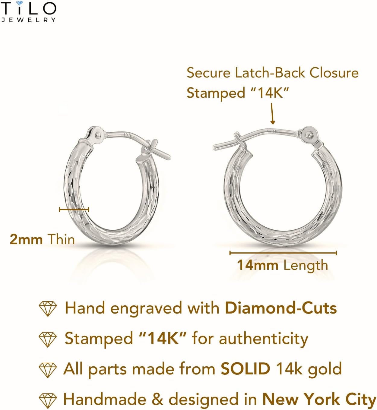 14K White Gold Hand Engraved Full Diamond-Cut round Hoop Earrings