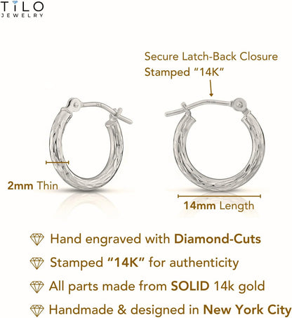 14K White Gold Hand Engraved Full Diamond-Cut round Hoop Earrings