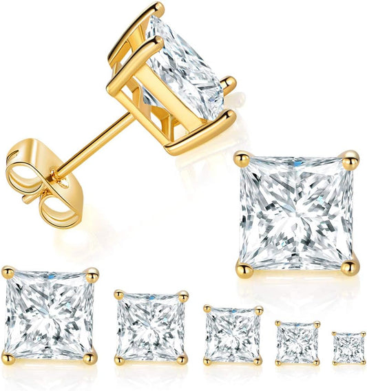 5 Pairs 14K Yellow Gold Plated Princess Cut Clear Cubic Zirconia Stud Earring Set for Women Men