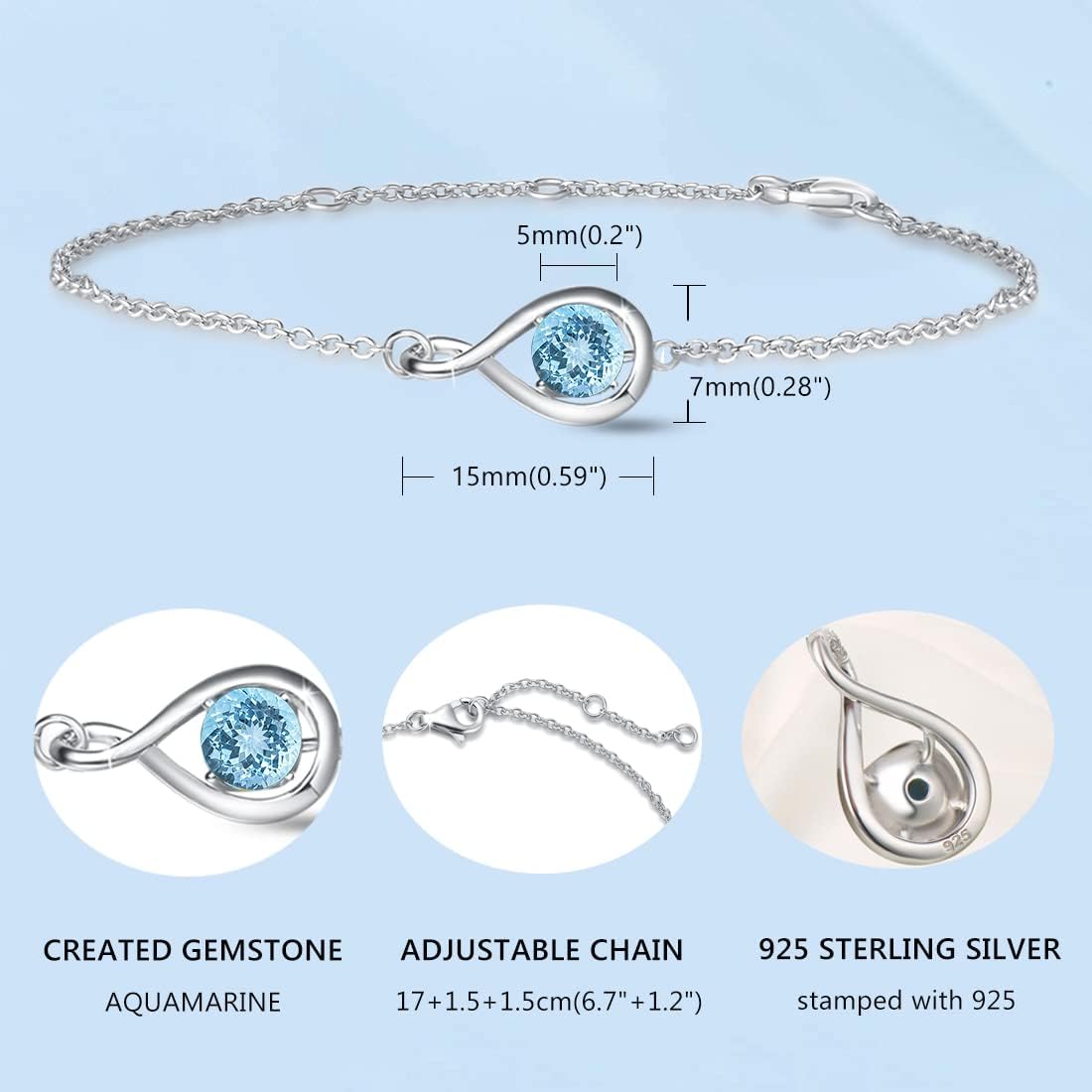 Love Bracelet 925 Sterling Silver Infinity Birthstone Bracelets for Women Fine Jewelry Birthday Christmas Gifts for Her Mom Wife, Chain Length 6.7"+1.2" Extend