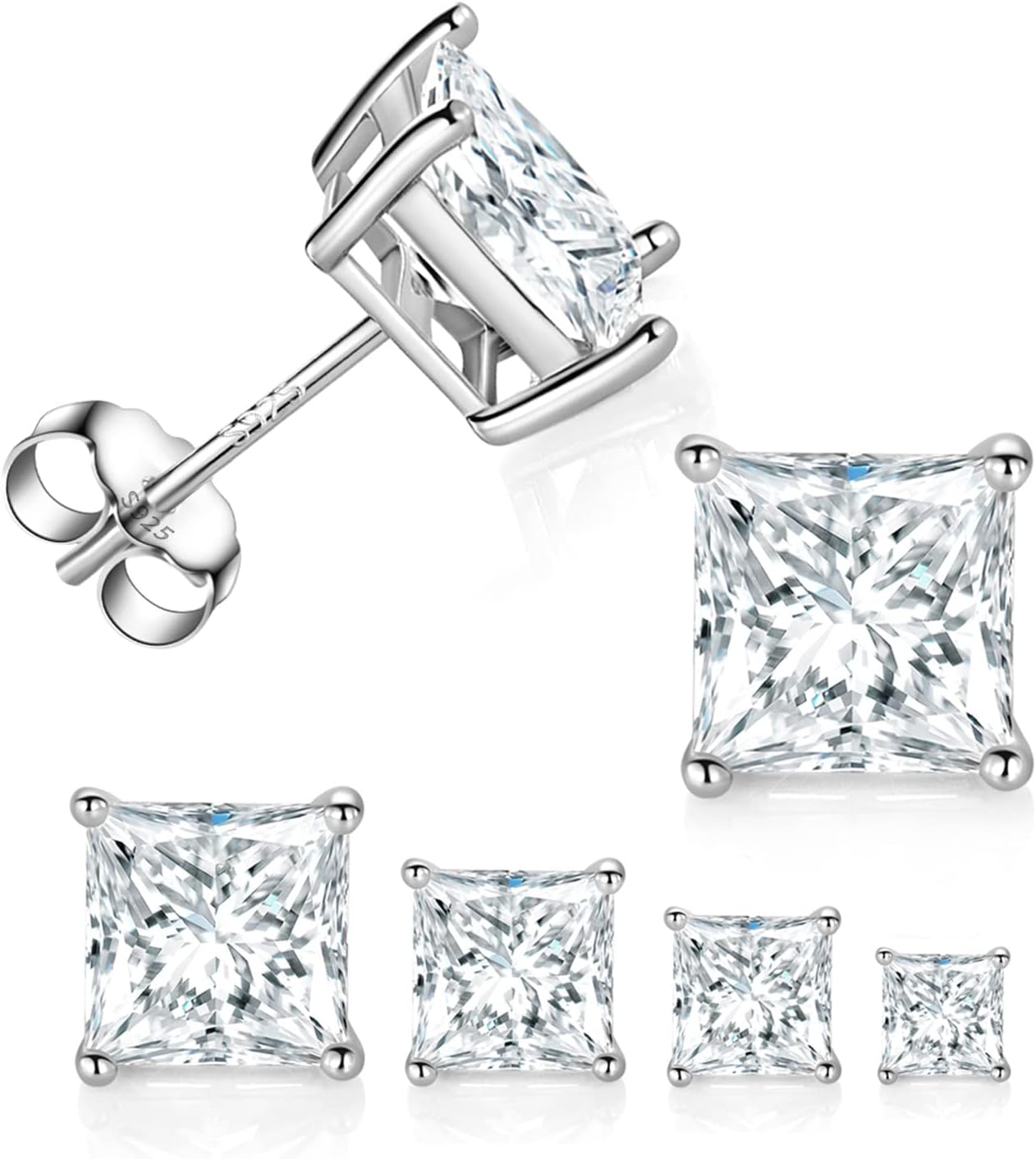 4 Pairs 925 Sterling Silver Square Stud Earring Set, 18K White Gold Plated Princess Cut Clear Cubic Zirconia Hypoallergenic Earrings Pack for Women and Men
