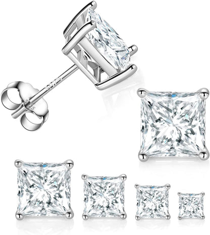 4 Pairs 925 Sterling Silver Square Stud Earring Set, 18K White Gold Plated Princess Cut Clear Cubic Zirconia Hypoallergenic Earrings Pack for Women and Men