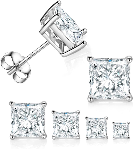 4 Pairs 925 Sterling Silver Square Stud Earring Set, 18K White Gold Plated Princess Cut Clear Cubic Zirconia Hypoallergenic Earrings Pack for Women and Men