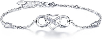 Women Bracelets 925 Sterling Silver Infinity Heart White Gold Plated Cubic Zirconia Adjustable Bracelet Best Gifts for Women