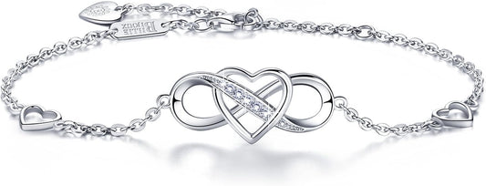 Women Bracelets 925 Sterling Silver Infinity Heart White Gold Plated Cubic Zirconia Adjustable Bracelet Best Gifts for Women